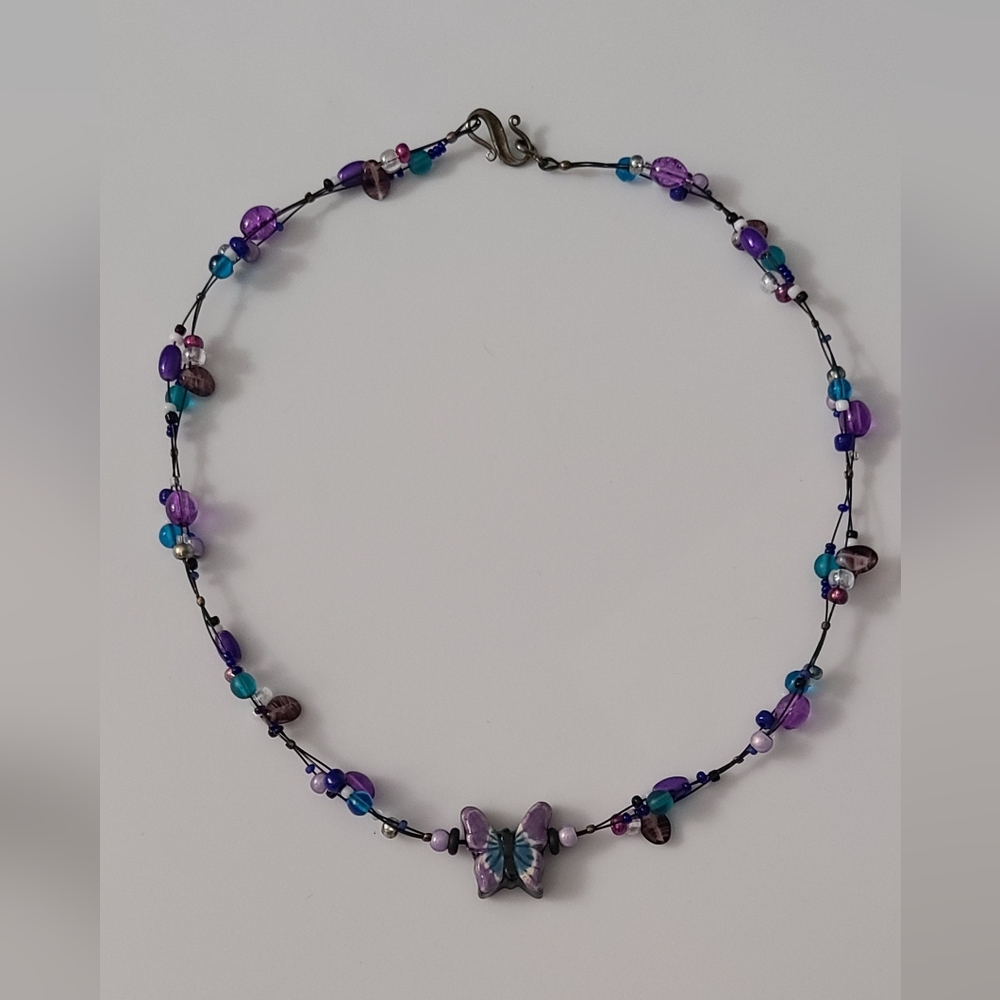 925 Vintage Butterfly Pottery Necklace Artisan Glass Beaded Purple Cats Eye Vtg - Picture 3 of 16